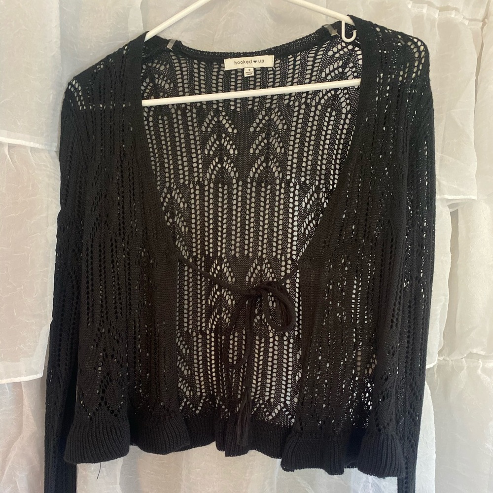 Black Cropped Tie-in-Front Sweater